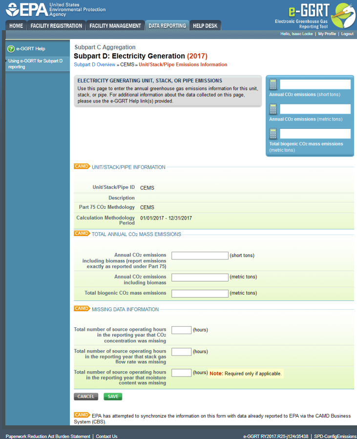 Subpart D Unit/Stack/Pipe Emissions Information Page